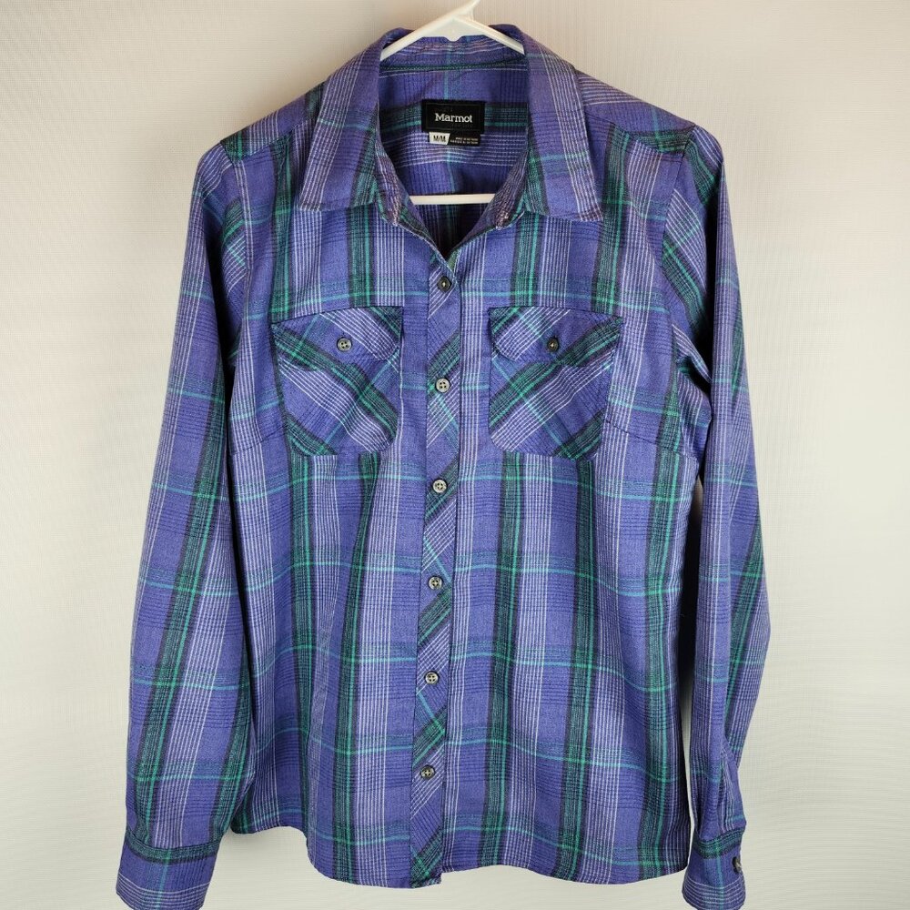 Marmot Purple Plaid Button Down Long Sleeve Shirt Woman Size M